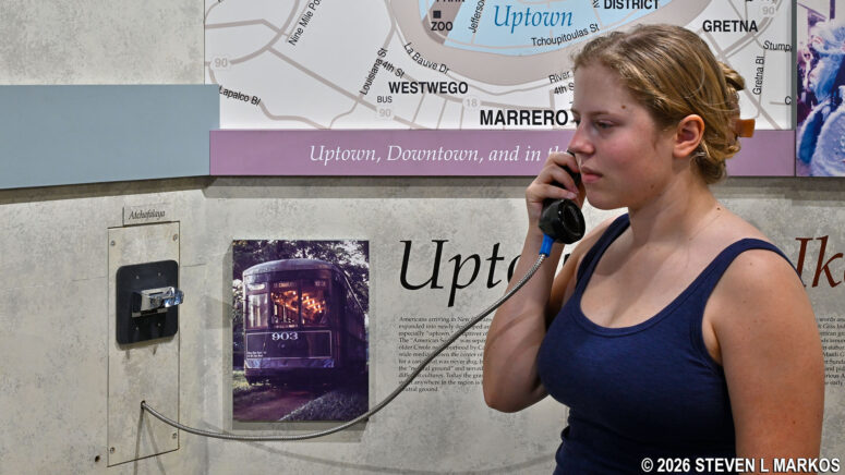 Visitor listens to the pronunciation of Atchafalyaya words at the interactive dialect exhibit in the French Quarter Visitor Center, Jean Lafitte National Historical Park and Preserve