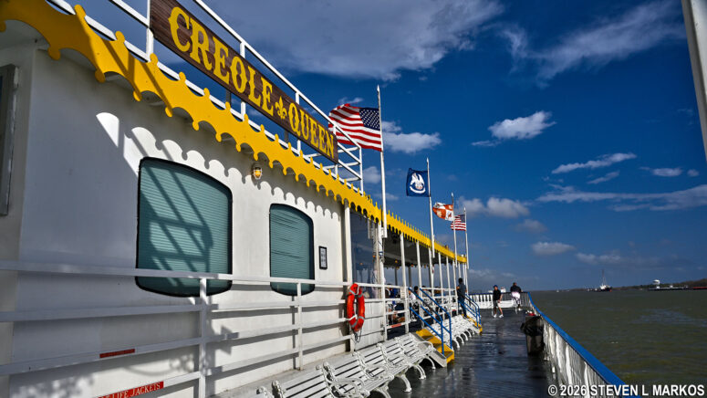 The Creole Queen riverboat plies the Mississippi River in New Orleans