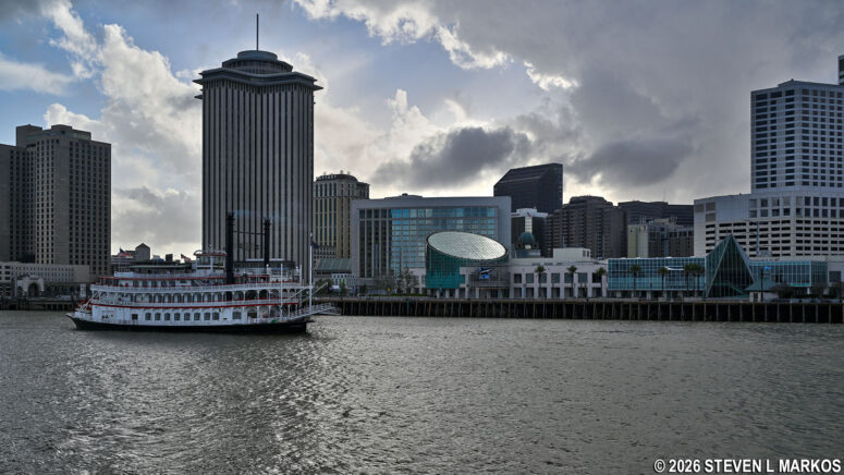 View of the Spanish Plaza in downtown New Orleans from the Creole Queen riverboat