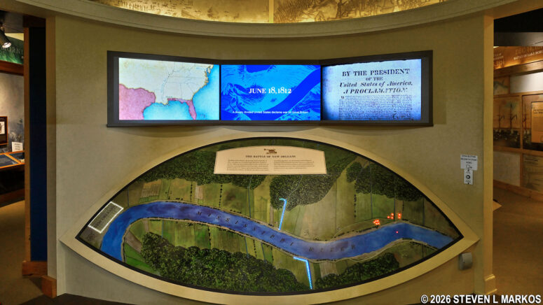 Video screens and map showing the Battle of New Orleans at the Chalmette Battlefield Visitor Center, Jean Lafitte National Historical Park and Preserve