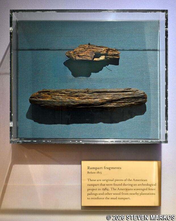Original wood fragments used in building the Line Jackson rampart on display in the museum at the Chalmette Battlefield Visitor Center, Jean Lafitte National Historical Park and Preserve