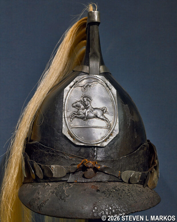 American dragoon helmet from the early 1800s on display in the museum at the Chalmette Battlefield Visitor Center, Jean Lafitte National Historical Park and Preserve