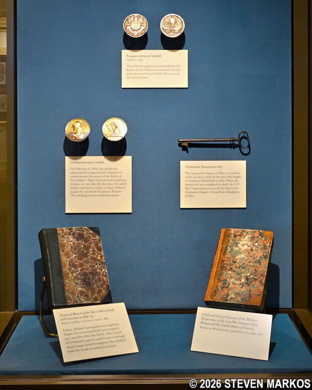Medals, monument key, and historical books on display at the Chalmette Battlefield Visitor Center, Jean Lafitte National Historical Park and Preserve