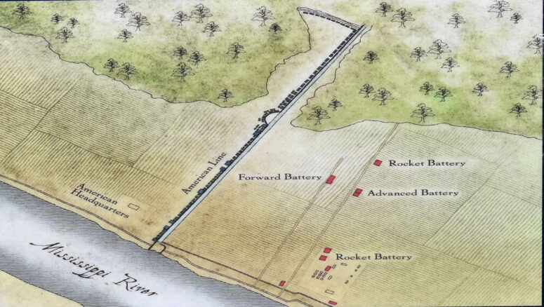 British artillery batteries (in red) at the Chalmette Battlefield during the Battle of New Orleans