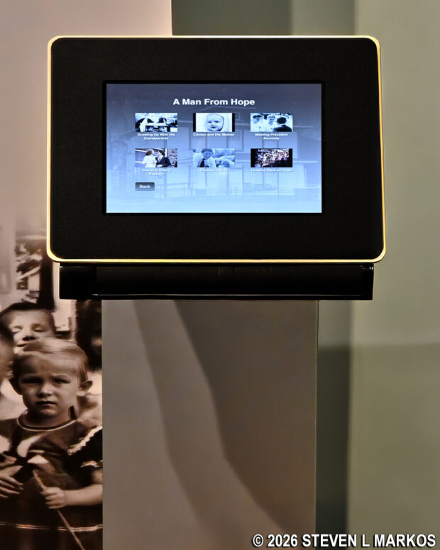 Touchscreen kiosk inside the exhibit area at the President William Jefferson Clinton Birthplace Home National Historic Site Visitor Center