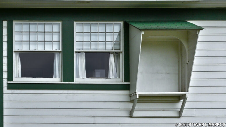 Second-floor awning on the Bill Clinton birthplace home once housed an exterior fan, President William Jefferson Clinton Birthplace Home National Historic Site