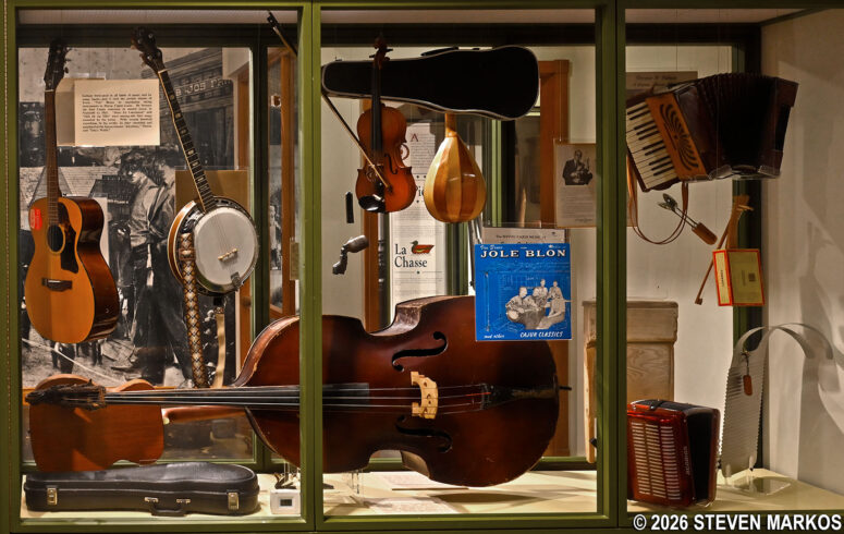 Instruments typically featured in Bayou Cajun music on display at the Wetlands Acadian Cultural Center, Jean Lafitte National Historical Park and Preserve