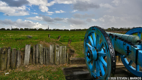 American gun aims towards the British position on the Chalmette Battlefield, Jean Lafitte National Historical Park and Preserve