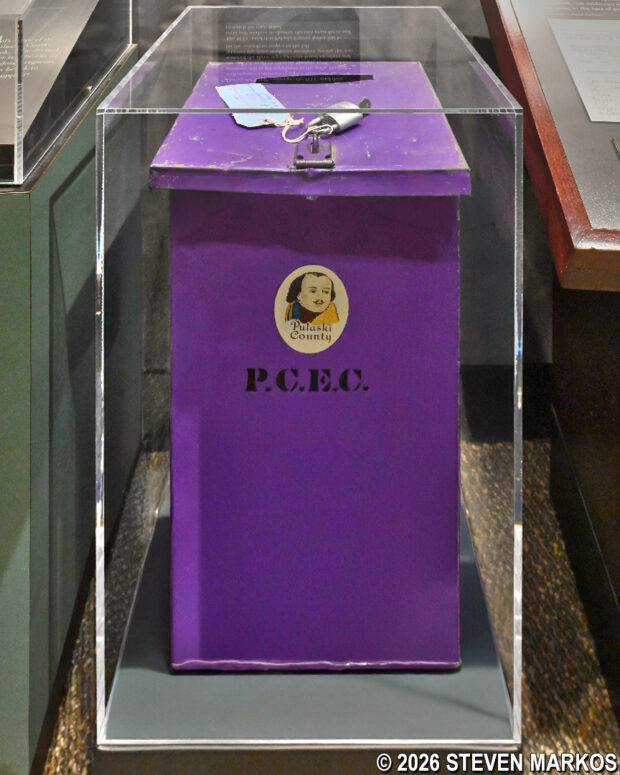 Ballot box used in the 1959 special election on display at the Little Rock Central High School National Historic Site Visitor Center