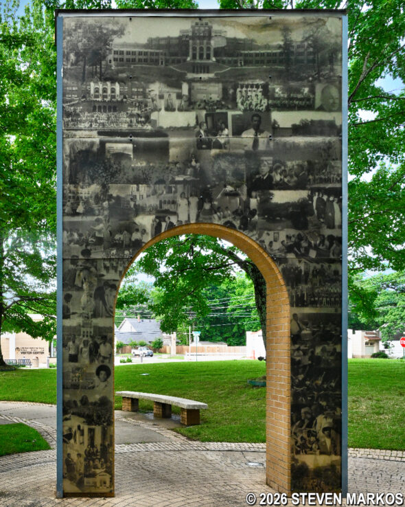 Reflective photo collage at the Central High Commemorative Garden, Little Rock Central High School National Historic Site