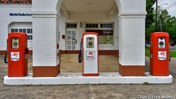 Vintage gas pumps at the Magnolia Mobil Gas Station, part of Little Rock Central High School National Historic Site