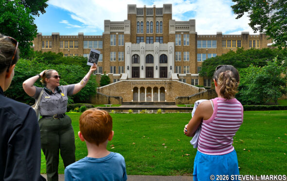 Ranger leads a tour / lecture at Little Rock Central High School National Historic Site