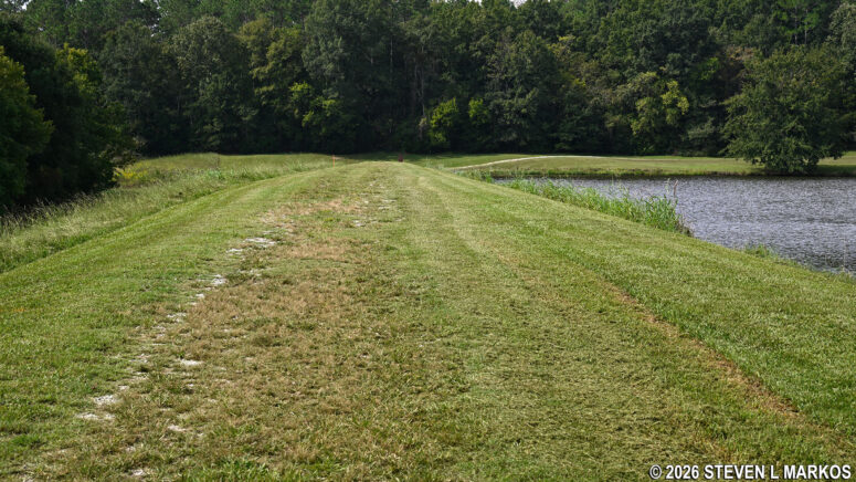 Fisherman's Trail at Ninety Six National Historic Site passes over the dam at the southern end of the Star Fort Pond