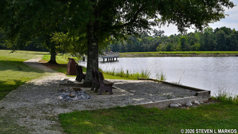 Benches along the Fisherman's Trail at the southeastern end of the Star Fort Pond, Ninety Six National Historic Site