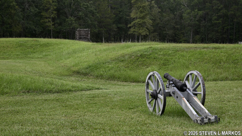 Cannon inside the Star Fork aims towards Patriot positions on the battlefield, Ninety Six National Historic Site