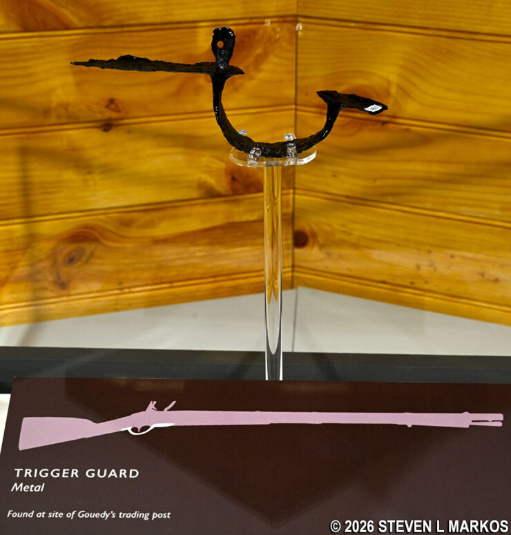 Musket trigger guard found at the Gouedy Trading Post site on display in the Visitor Center exhibit area at Ninety Six National Historic Site
