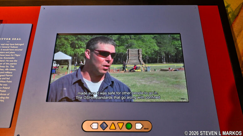 Interactive video series on the excavation of a Patriot mine dug under the Star Fort shows in the exhibit area of the Ninety Six National Historic Site Visitor Center